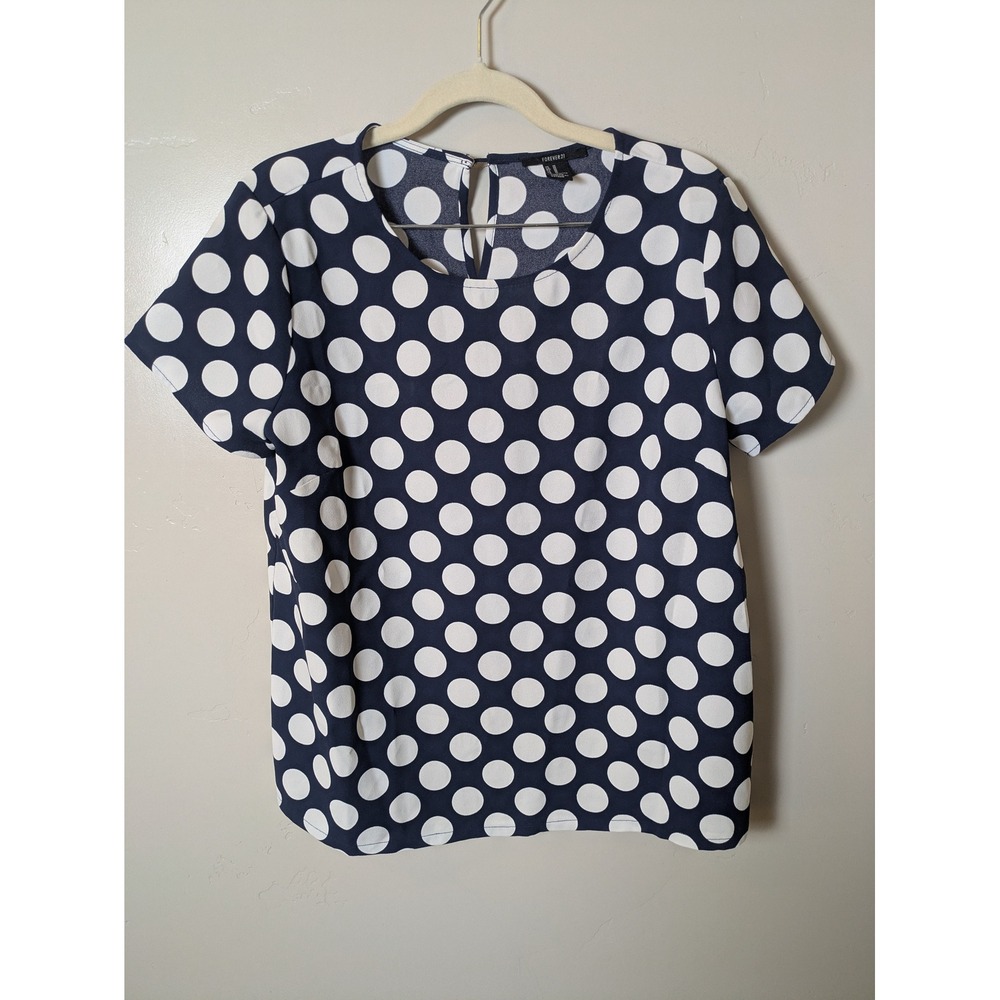 Forever 21 Navy White Polka Dot Short Sleeve V Neck Blouse Women's Medium